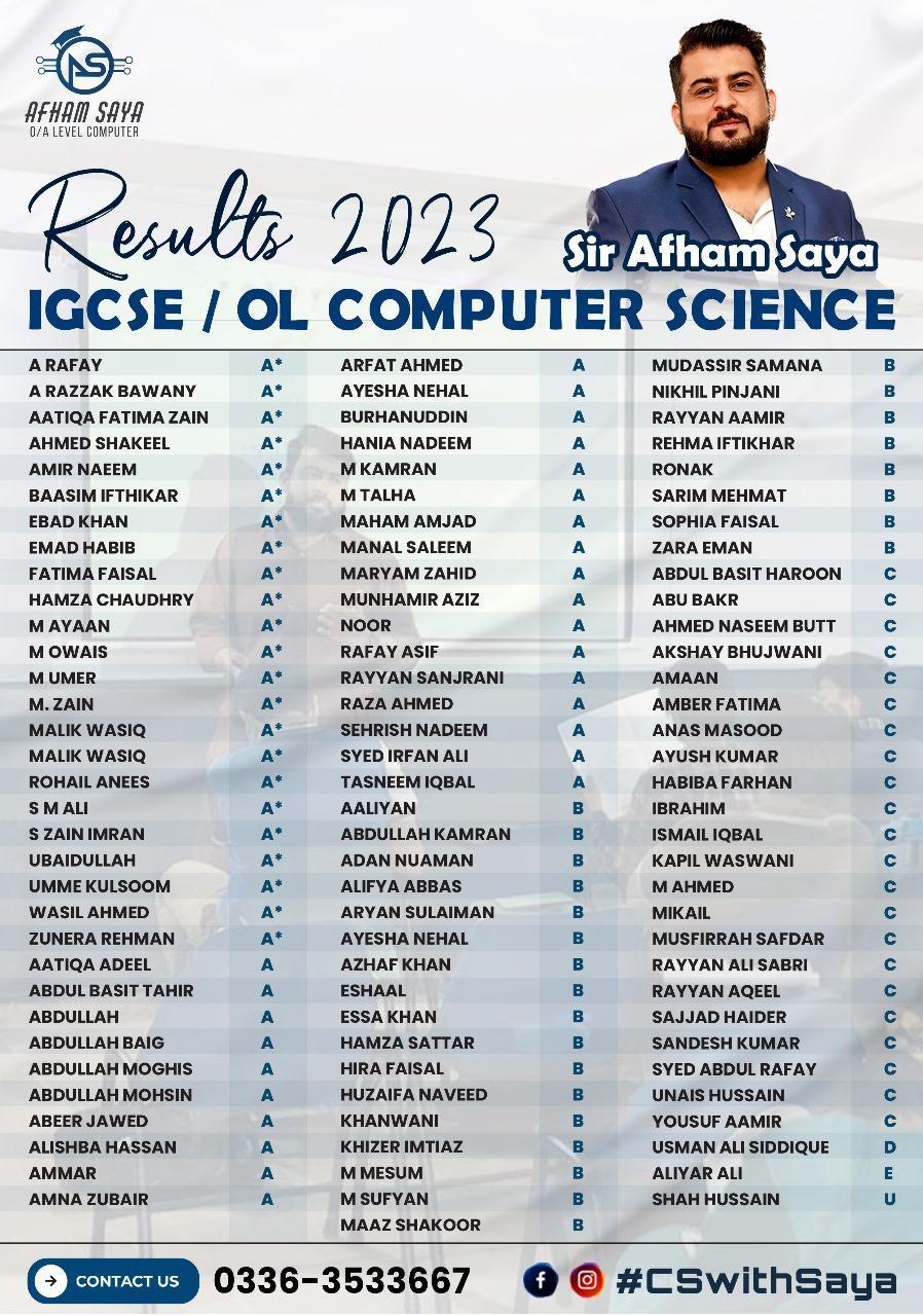 Results 2023 — IGCSE/O Level Computer Science, sheet 2 (alphabetical grade list)